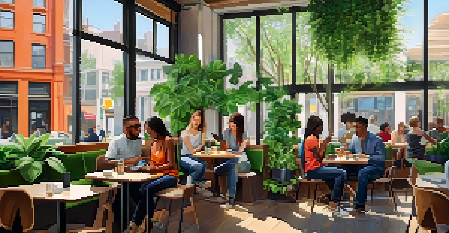 A diverse group of people in a cafe, each engaged with their smartphones displaying health apps, surrounded by a bright and welcoming atmosphere.