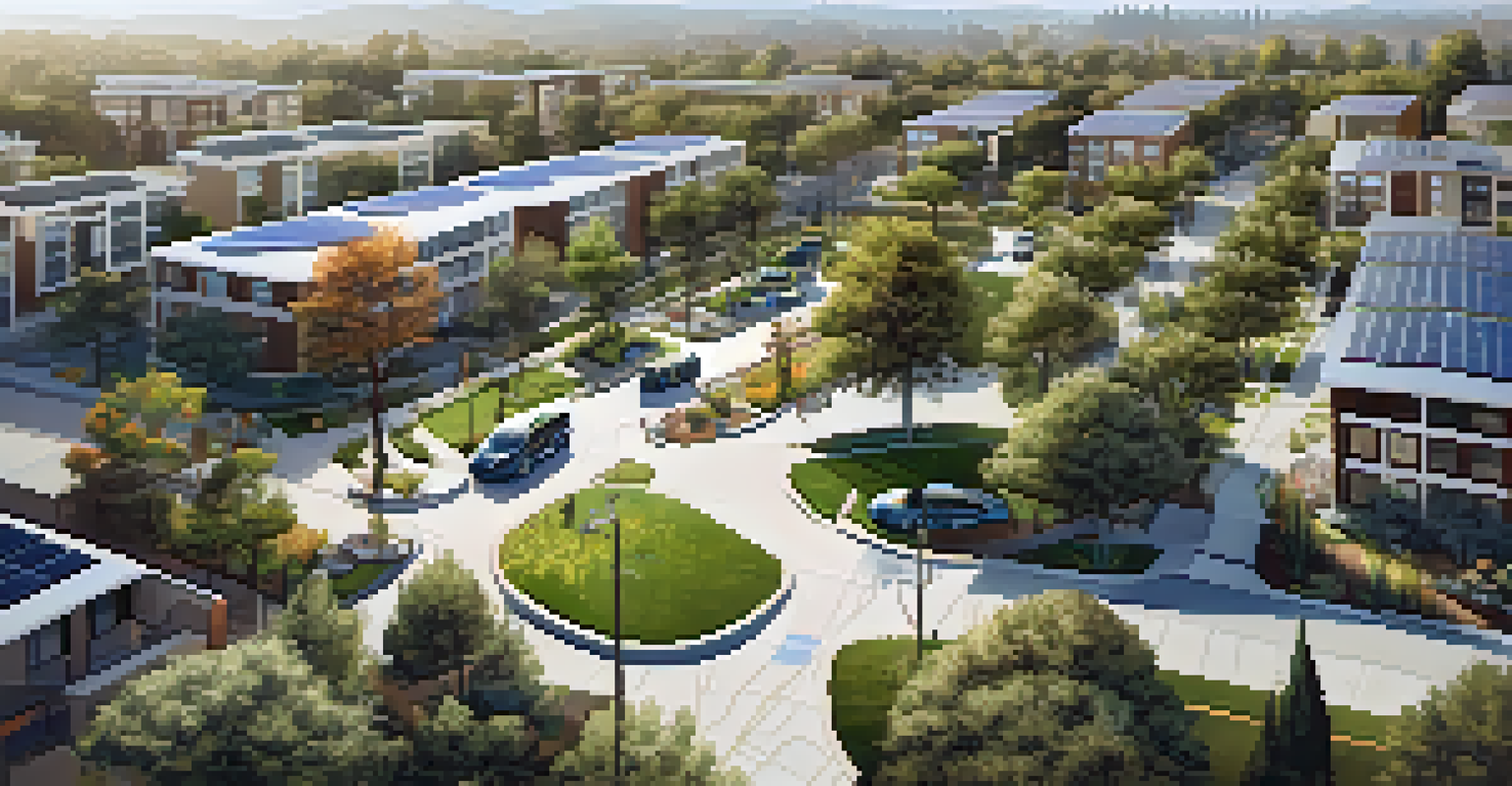 An aerial view of a Cupertino neighborhood showing solar charging stations for electric vehicles, bike-sharing stations, and green spaces, emphasizing sustainability.