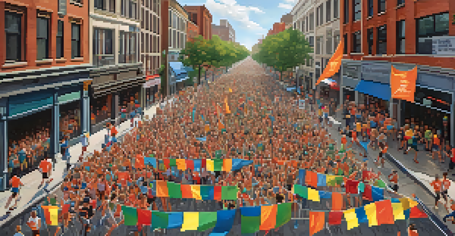 An overhead view of a bustling charity run event with participants of all ages running along a city street, colorful banners, and supportive local businesses.