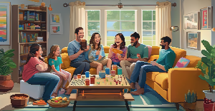 A family enjoying a cozy game night with board games and snacks in a warm living room.