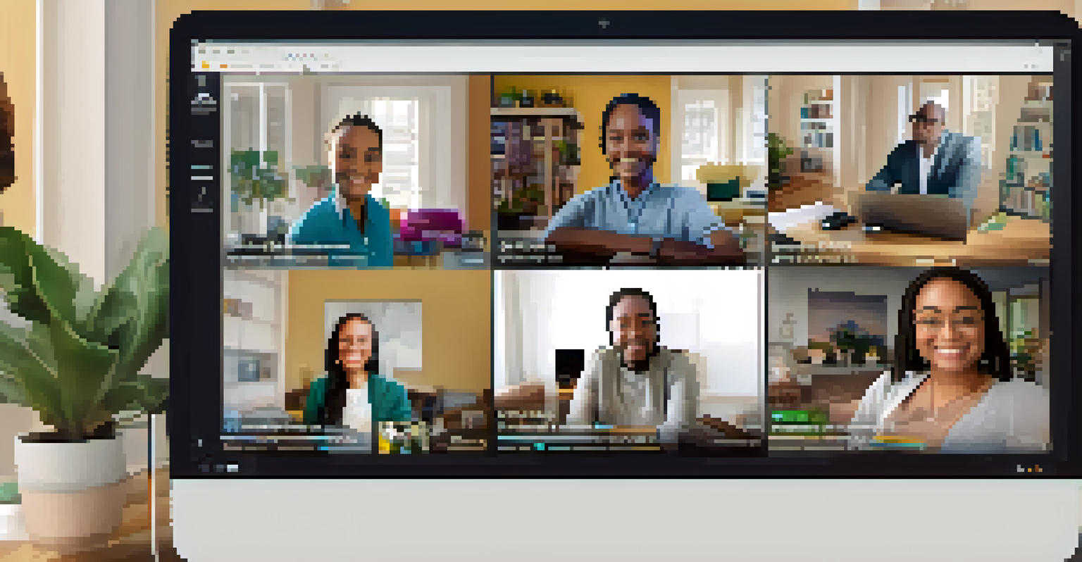 An online financial literacy webinar with diverse participants engaged from their home settings, displaying a lively presenter on the screen.