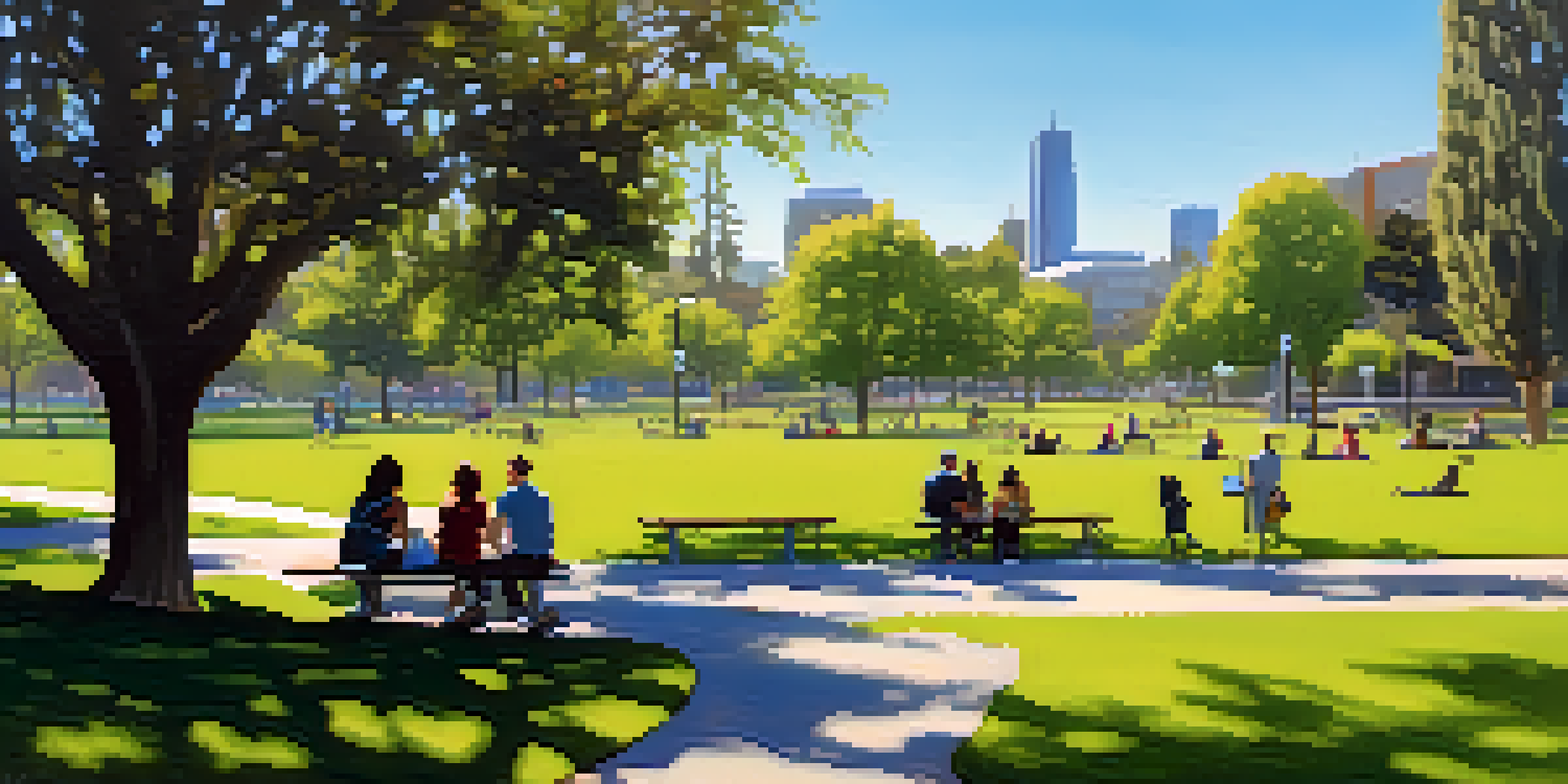 An urban park in Cupertino filled with greenery, flowers, and people enjoying the space with a city skyline in the background.