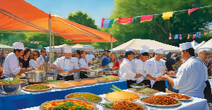 A lively international food festival with chefs, food stalls, and attendees enjoying diverse cuisines.