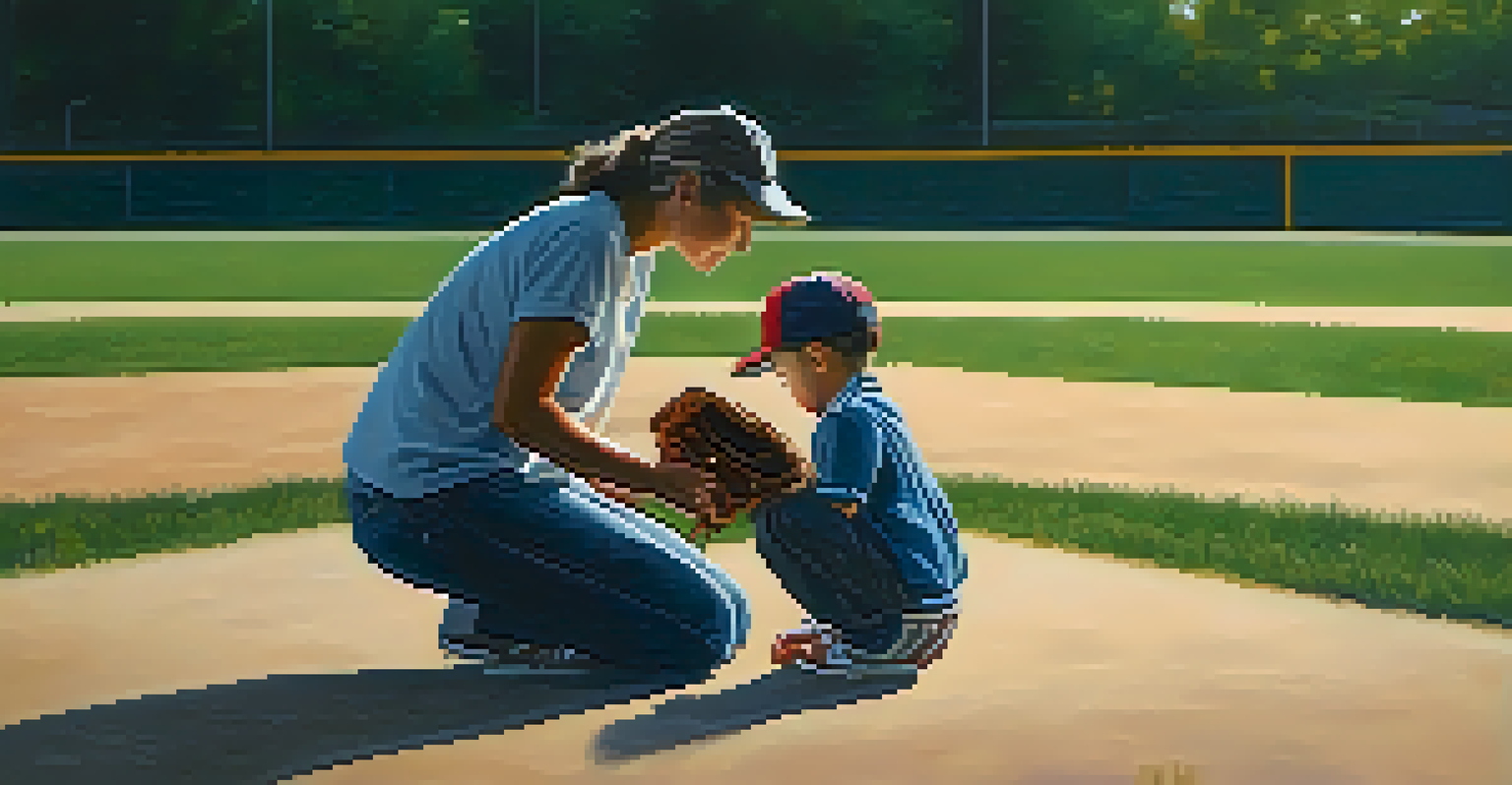 A parent kneeling beside a child at baseball practice, providing encouragement, with a baseball diamond in the background during sunset.