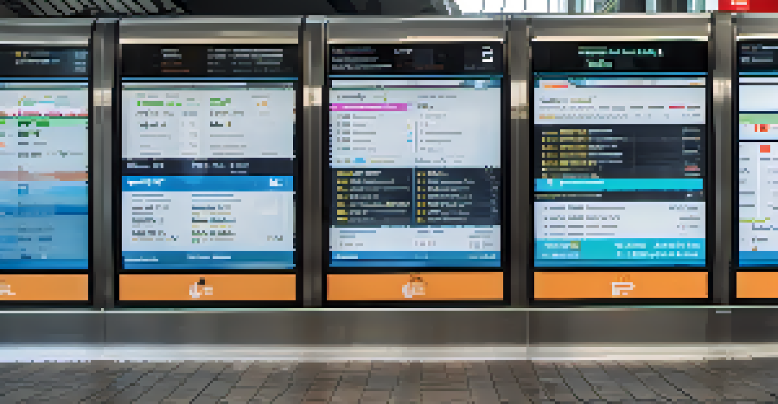 A close-up of a digital transport display board at a station, showing real-time updates with commuters around, highlighting modern technology in public transport.