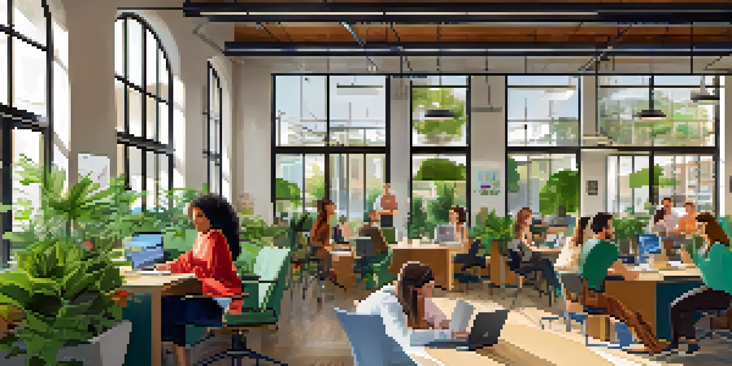 A lively co-working space in Cupertino with diverse individuals working and collaborating together, surrounded by modern decor and natural light.