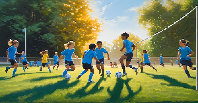 A group of young athletes practicing soccer on a sunny day, demonstrating teamwork and determination on a lush green field.