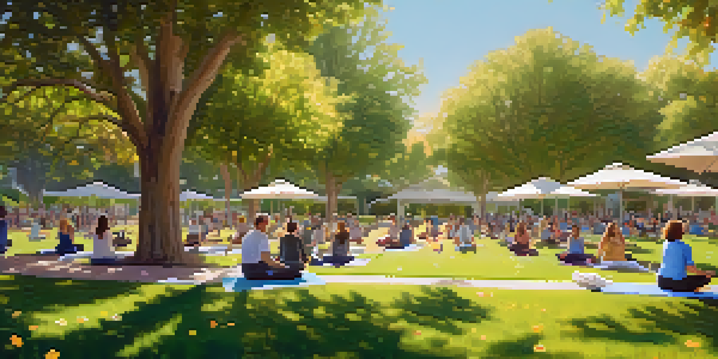 A diverse group of employees participating in a wellness event in a sunny Cupertino park, with yoga classes and social interactions surrounded by blooming flowers.
