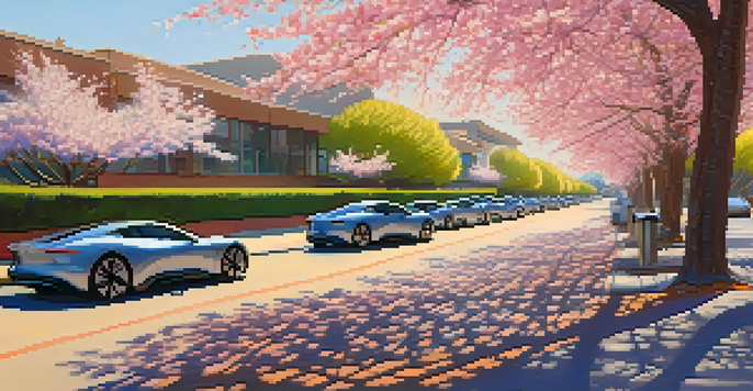 A scenic street in Cupertino with electric vehicles parked under cherry blossom trees, showcasing charging stations in the background.