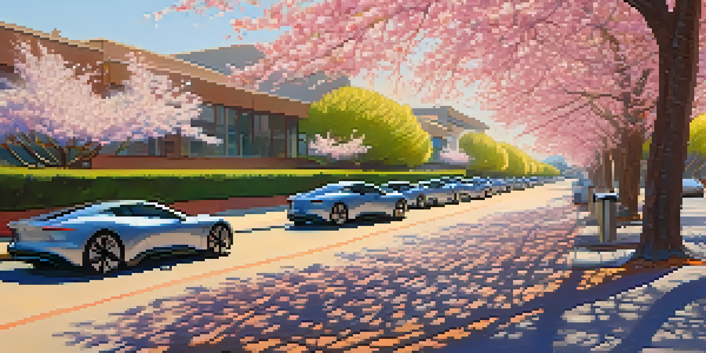 A scenic street in Cupertino with electric vehicles parked under cherry blossom trees, showcasing charging stations in the background.