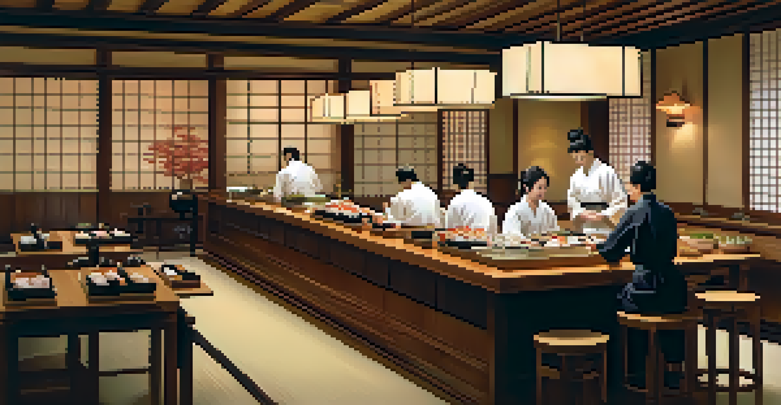 A serene Japanese sushi bar featuring beautifully arranged sushi platters and chefs at work.