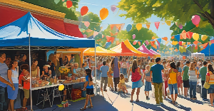 A lively neighborhood festival with families, musicians, and colorful tents under bright sunshine.