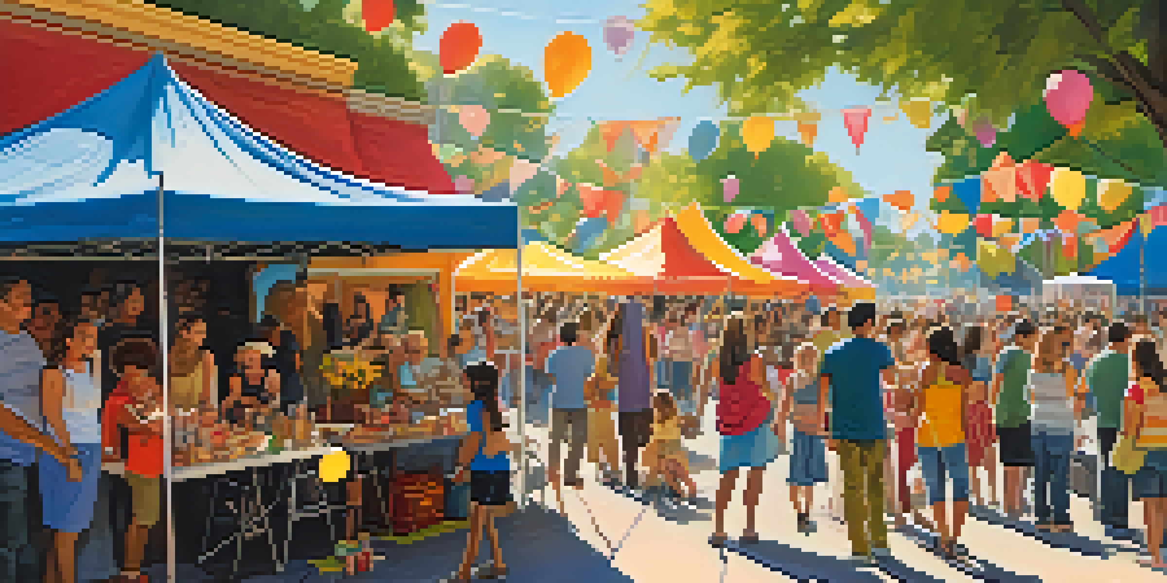 A lively neighborhood festival with families, musicians, and colorful tents under bright sunshine.