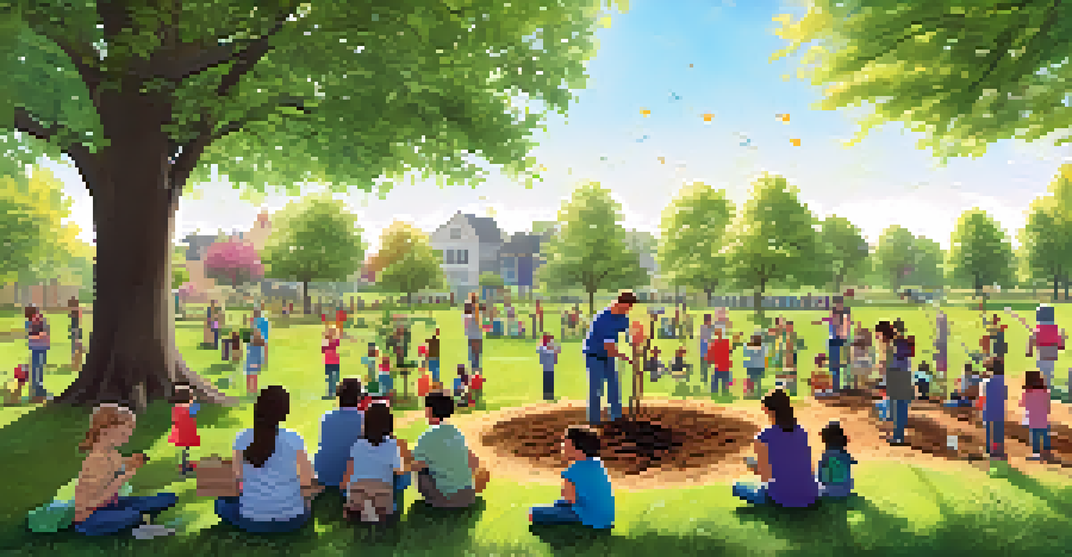 A lively community tree planting event in a park with families and children planting trees together.