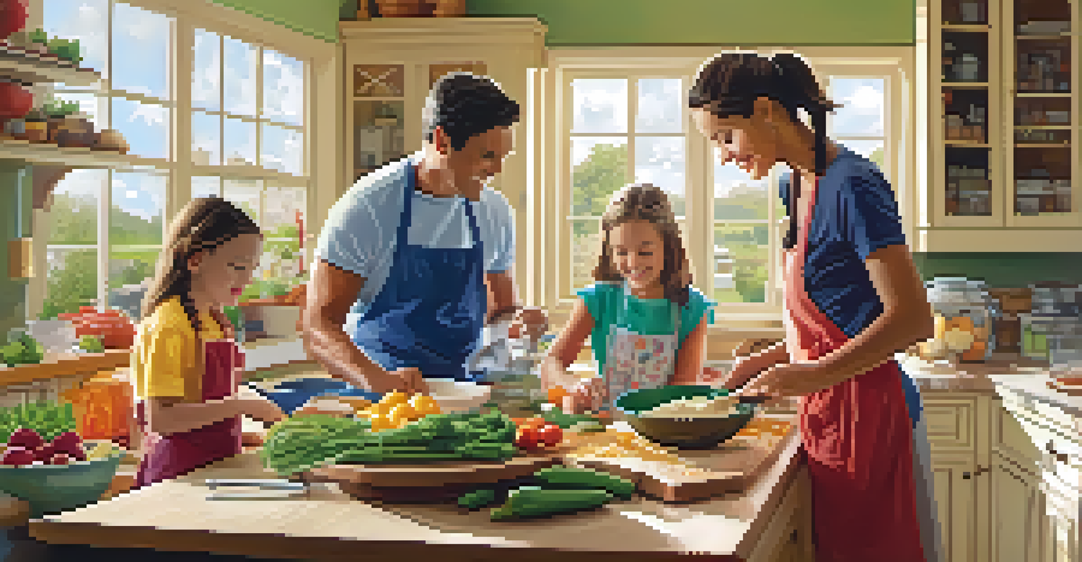 A family cooking together in a warm kitchen, engaged in a fun culinary adventure.