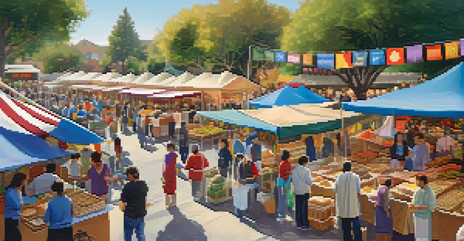A vibrant marketplace at a Cupertino cultural festival with artisans showcasing crafts, diverse food vendors, and people from different backgrounds enjoying the lively atmosphere.