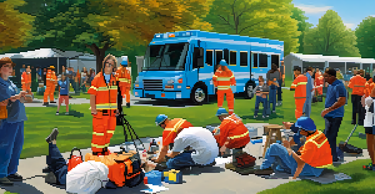 Participants engaged in an outdoor emergency preparedness drill in a park, simulating a disaster response.