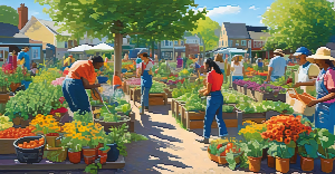 A diverse group of people working in a colorful community garden, planting flowers and vegetables under a sunny sky.