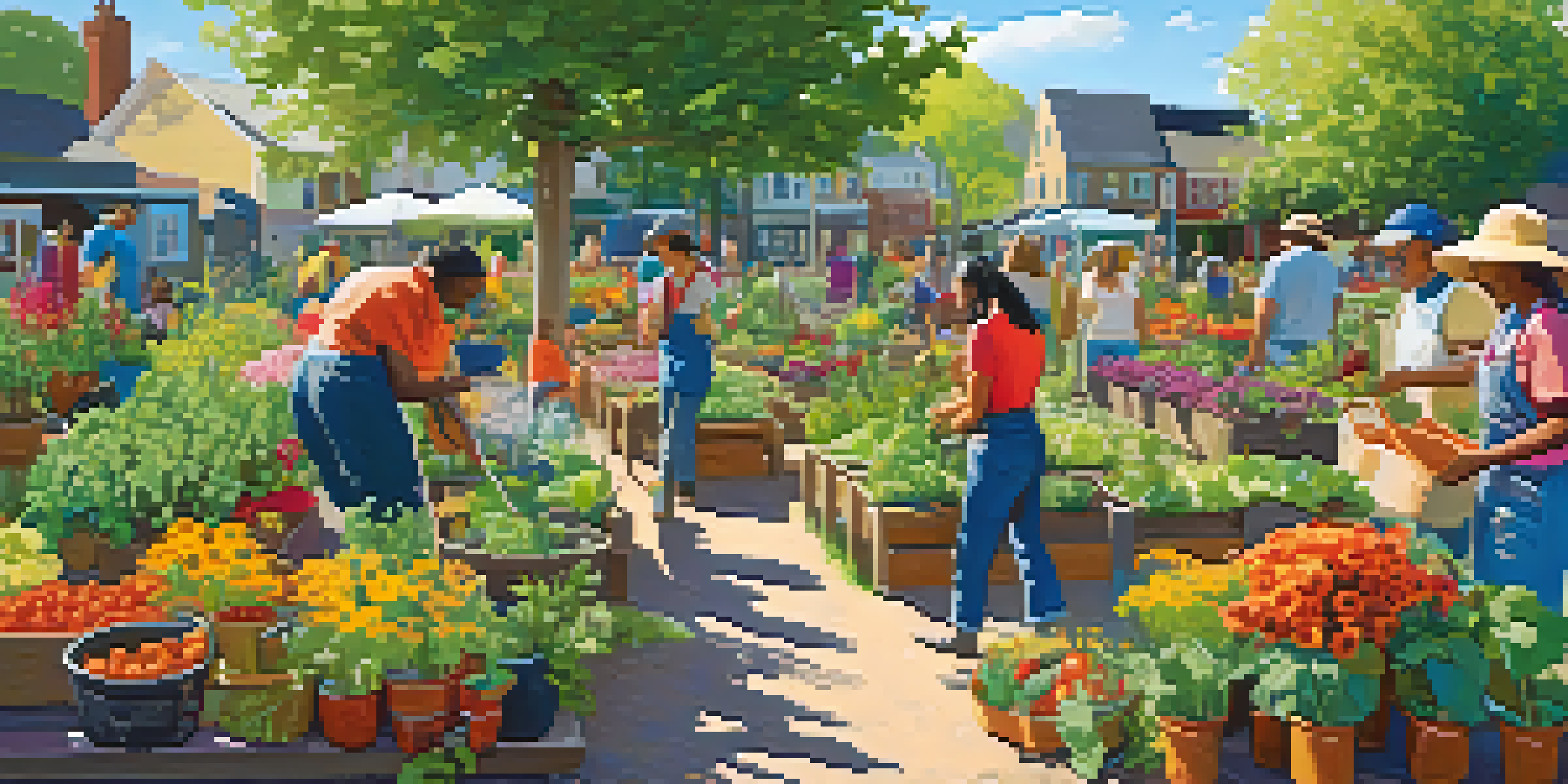 A diverse group of people working in a colorful community garden, planting flowers and vegetables under a sunny sky.