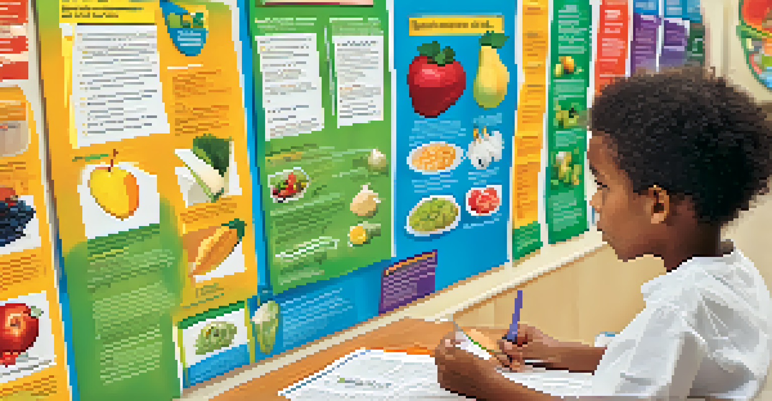 A detailed nutrition education poster in a classroom, displaying various food groups and portion sizes, with a student observing it.