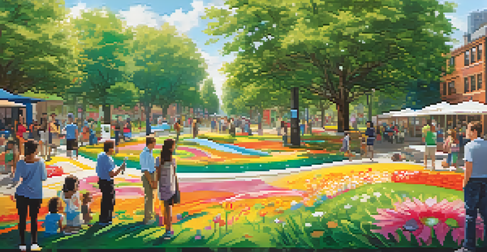 A colorful mural made from recycled materials in a city park, with diverse people engaging with the artwork under warm sunlight.