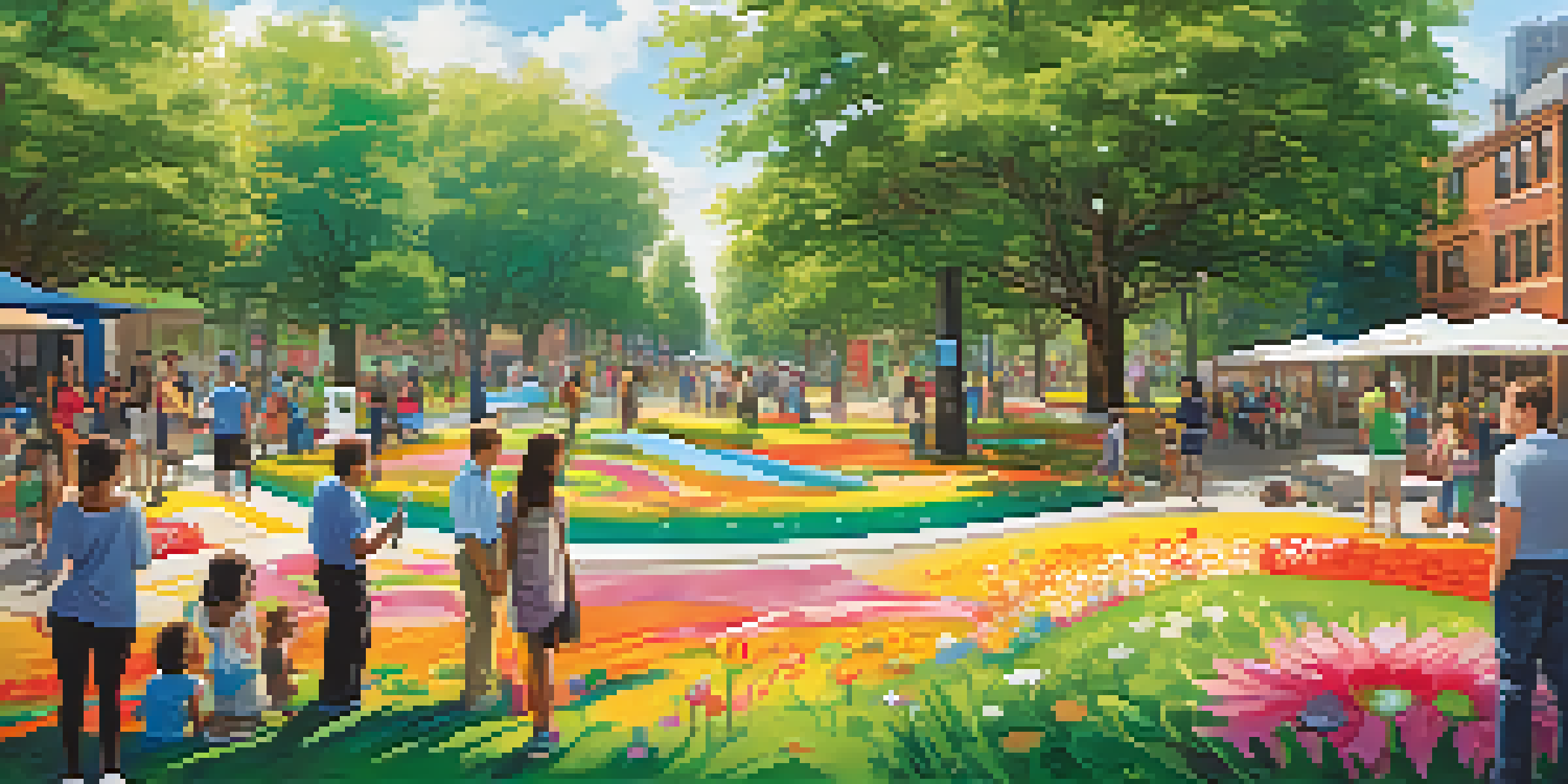 A colorful mural made from recycled materials in a city park, with diverse people engaging with the artwork under warm sunlight.