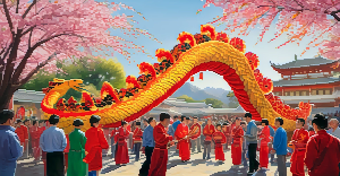 A lively Lunar New Year Festival in Cupertino featuring dragon dancers in colorful costumes, red lanterns, and a diverse crowd enjoying the festivities under a warm sunset.