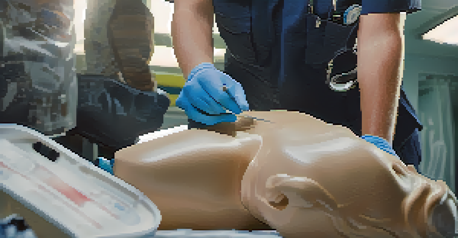Paramedic performing CPR training on a mannequin with a focused expression.