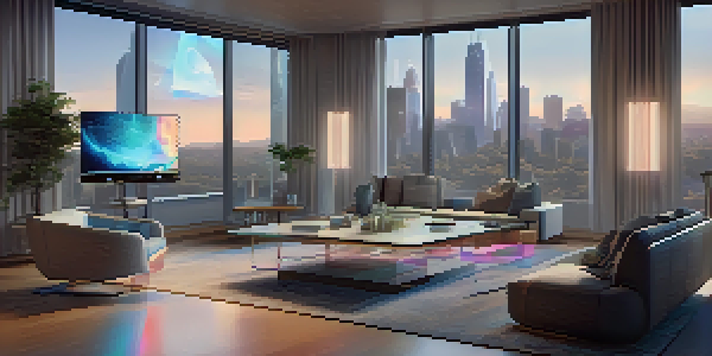 A modern living room with holographic participants in a virtual meeting, featuring ambient lighting and a city skyline outside the window.