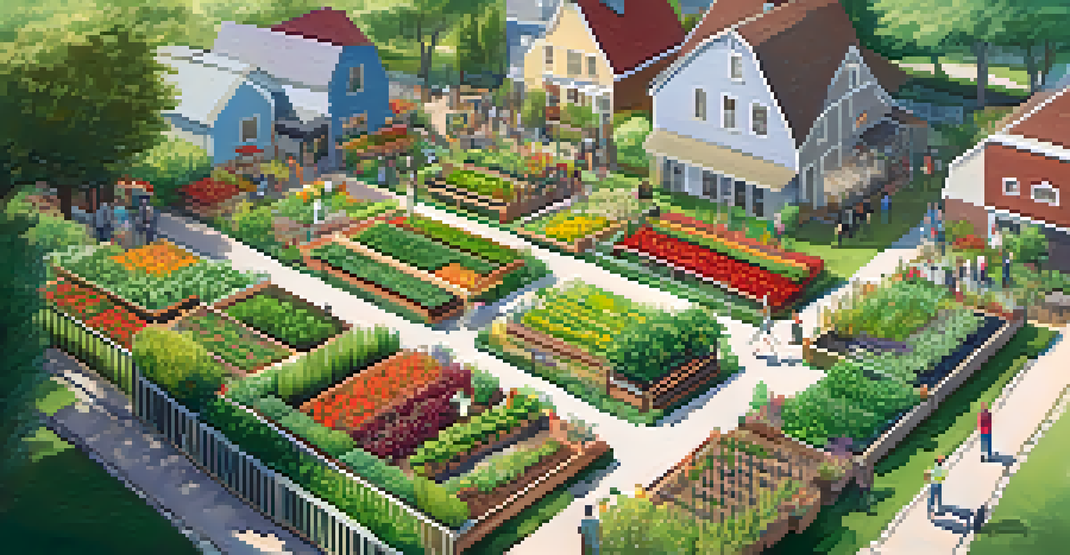 An aerial perspective of a community garden with raised beds and pathways, featuring a harvest festival with people sharing food.