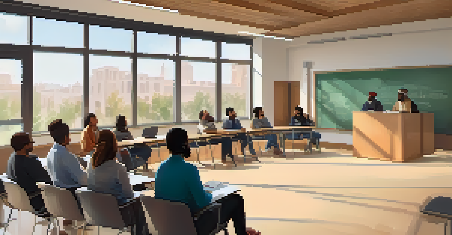 Students from diverse backgrounds engaged in an interfaith dialogue in a modern classroom with a circle seating arrangement.