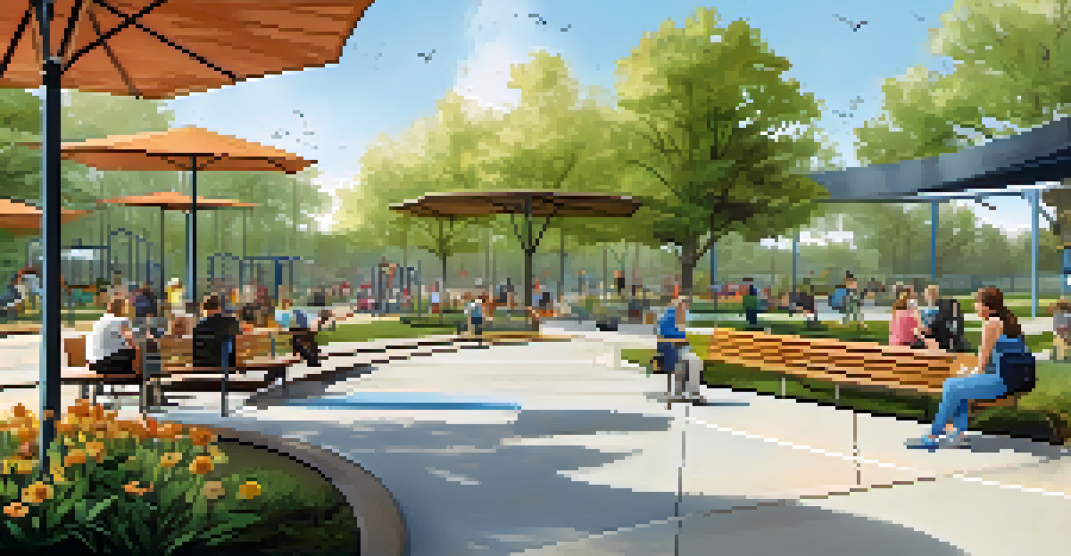 An accessible park with smooth pathways and adaptive play equipment, featuring individuals of all abilities enjoying the outdoor space.