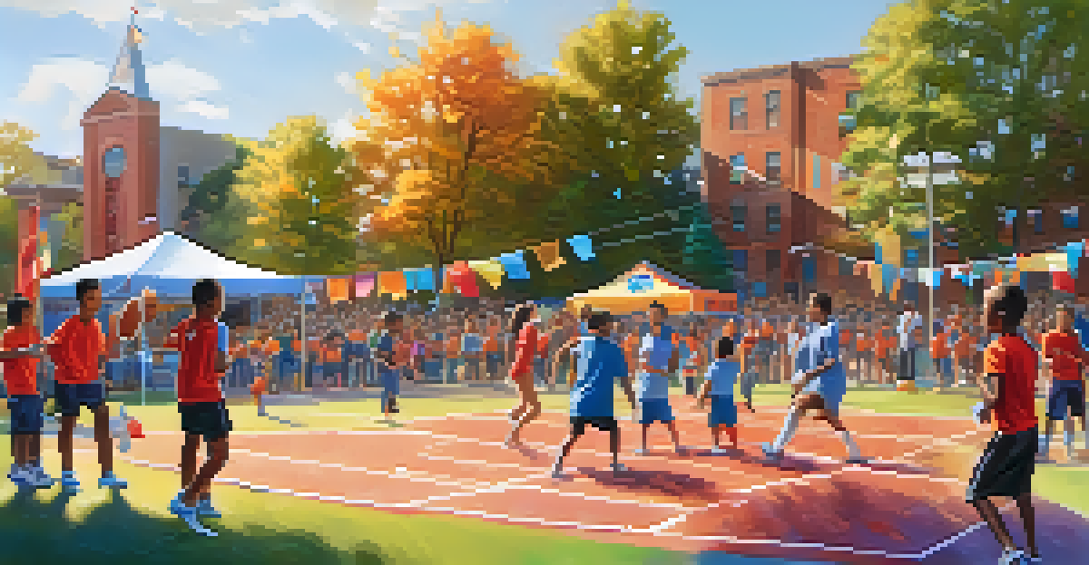 A lively outdoor sports day with children of different backgrounds engaging in soccer, basketball, and gymnastics, with families supporting them.