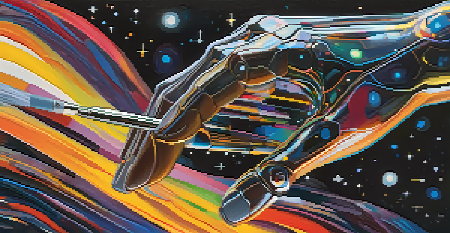 An artistic depiction of a human hand and a robotic arm working together, creating colorful patterns in a dark, cosmic setting.