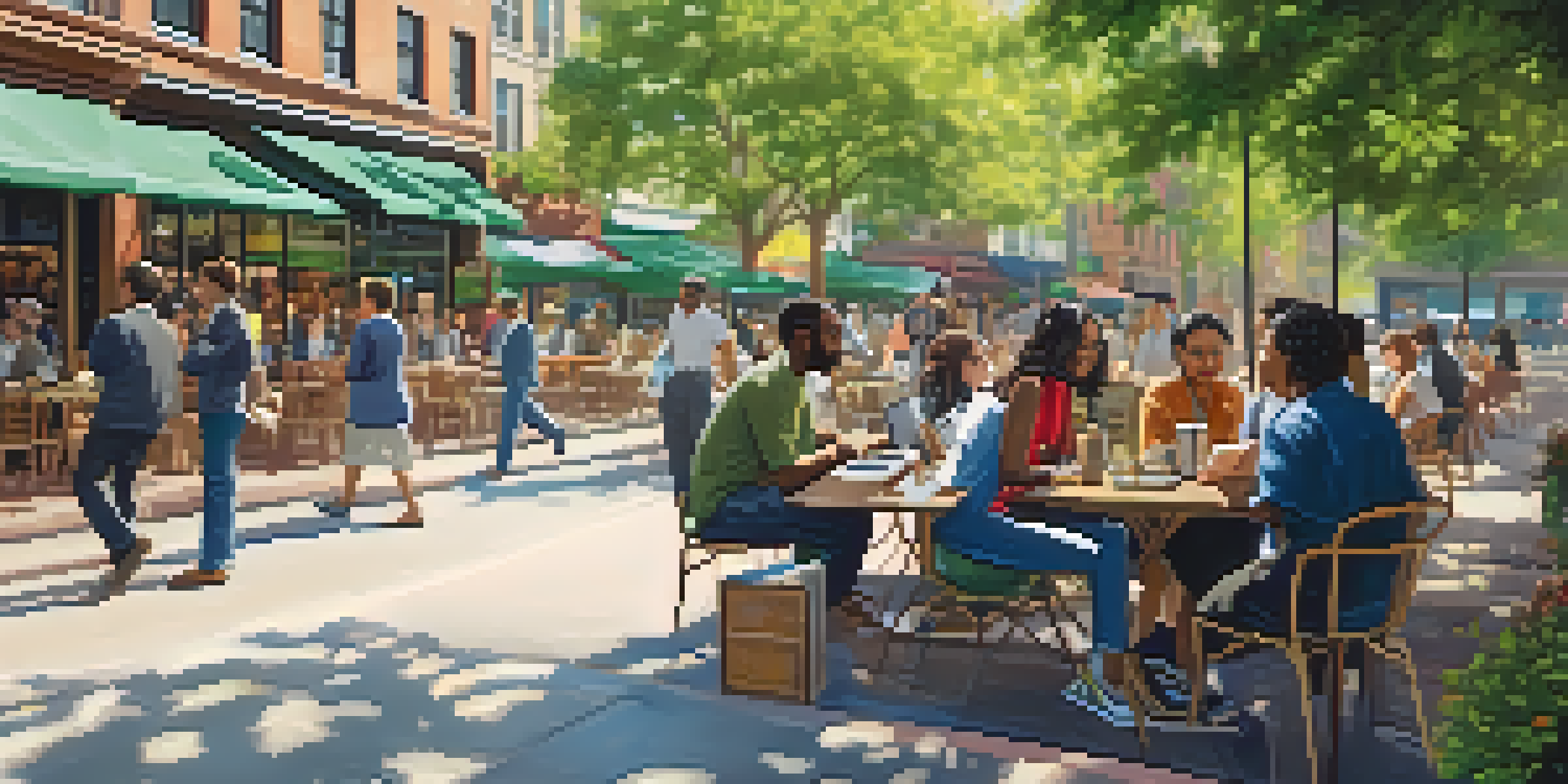 A lively city street featuring diverse professionals working on laptops at outdoor cafes, surrounded by greenery and colorful storefronts.