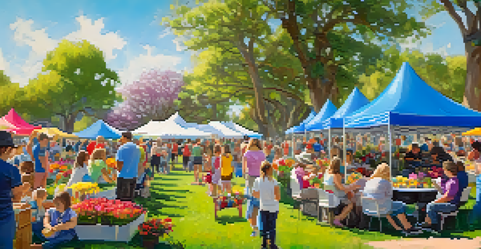 A lively spring festival with colorful flowers, children making flower crowns, and families enjoying food and music under a sunny sky.