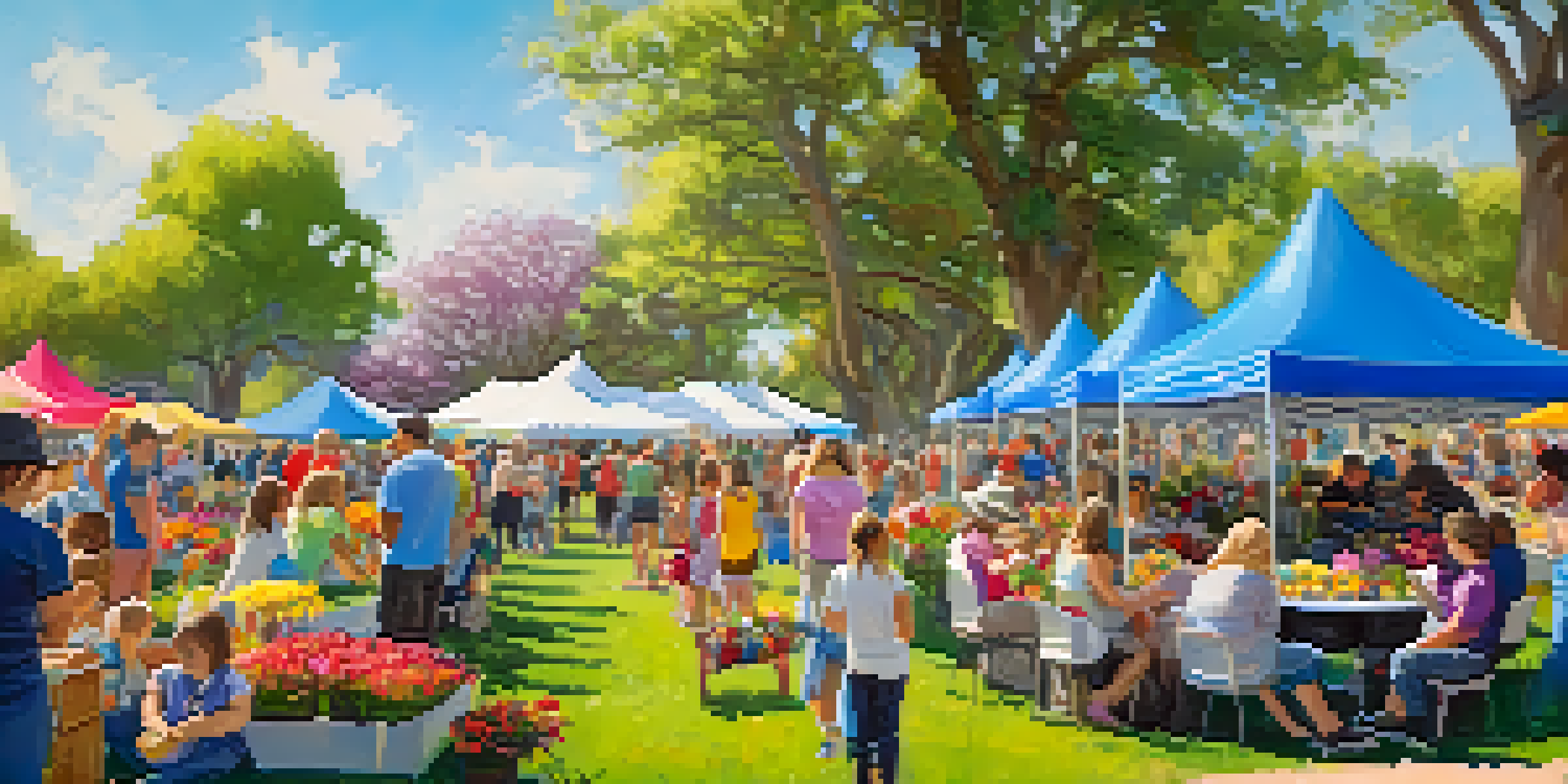 A lively spring festival with colorful flowers, children making flower crowns, and families enjoying food and music under a sunny sky.