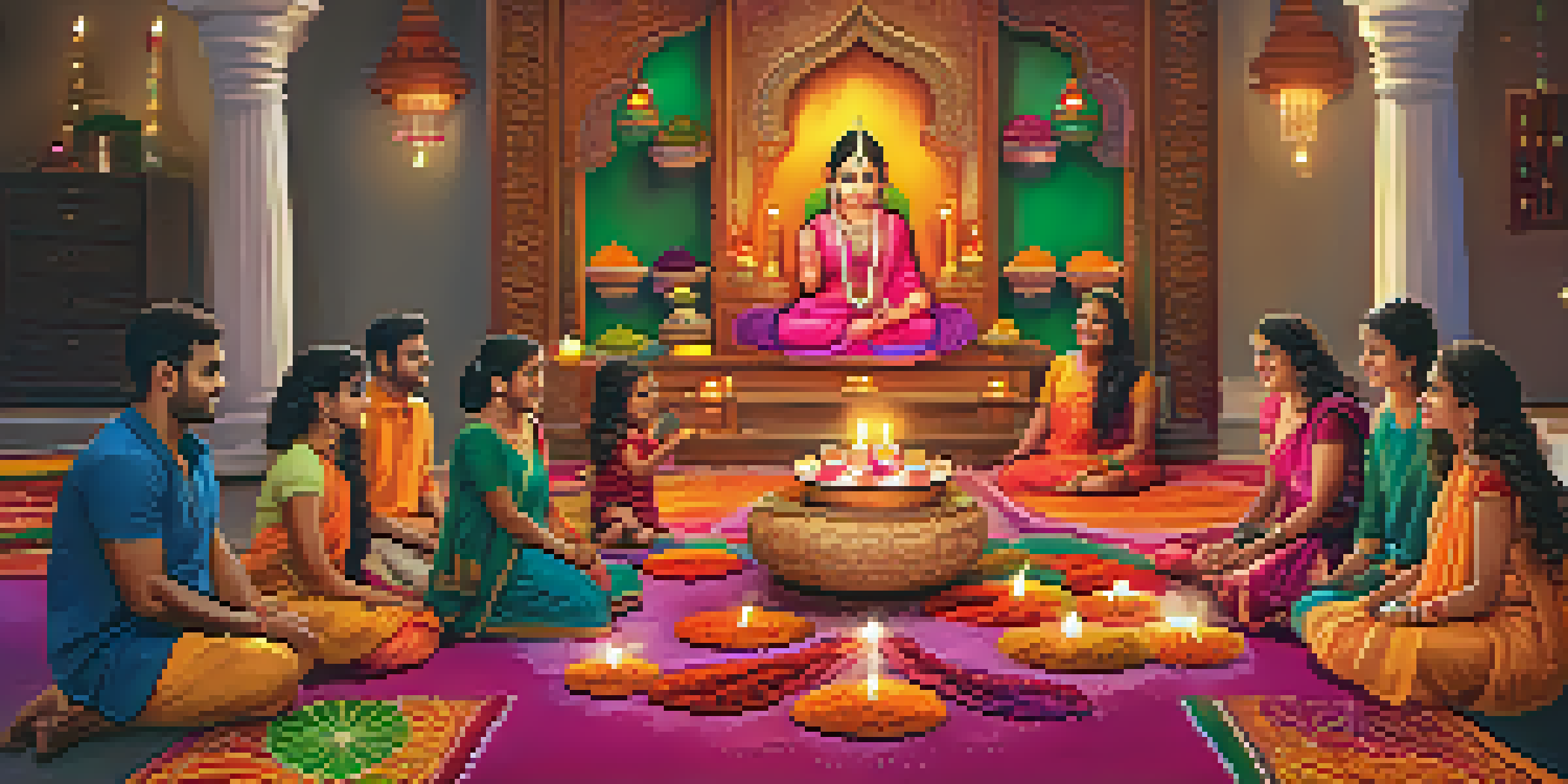 A joyful family celebrating Diwali with colorful decorations and sweets around a festive altar.