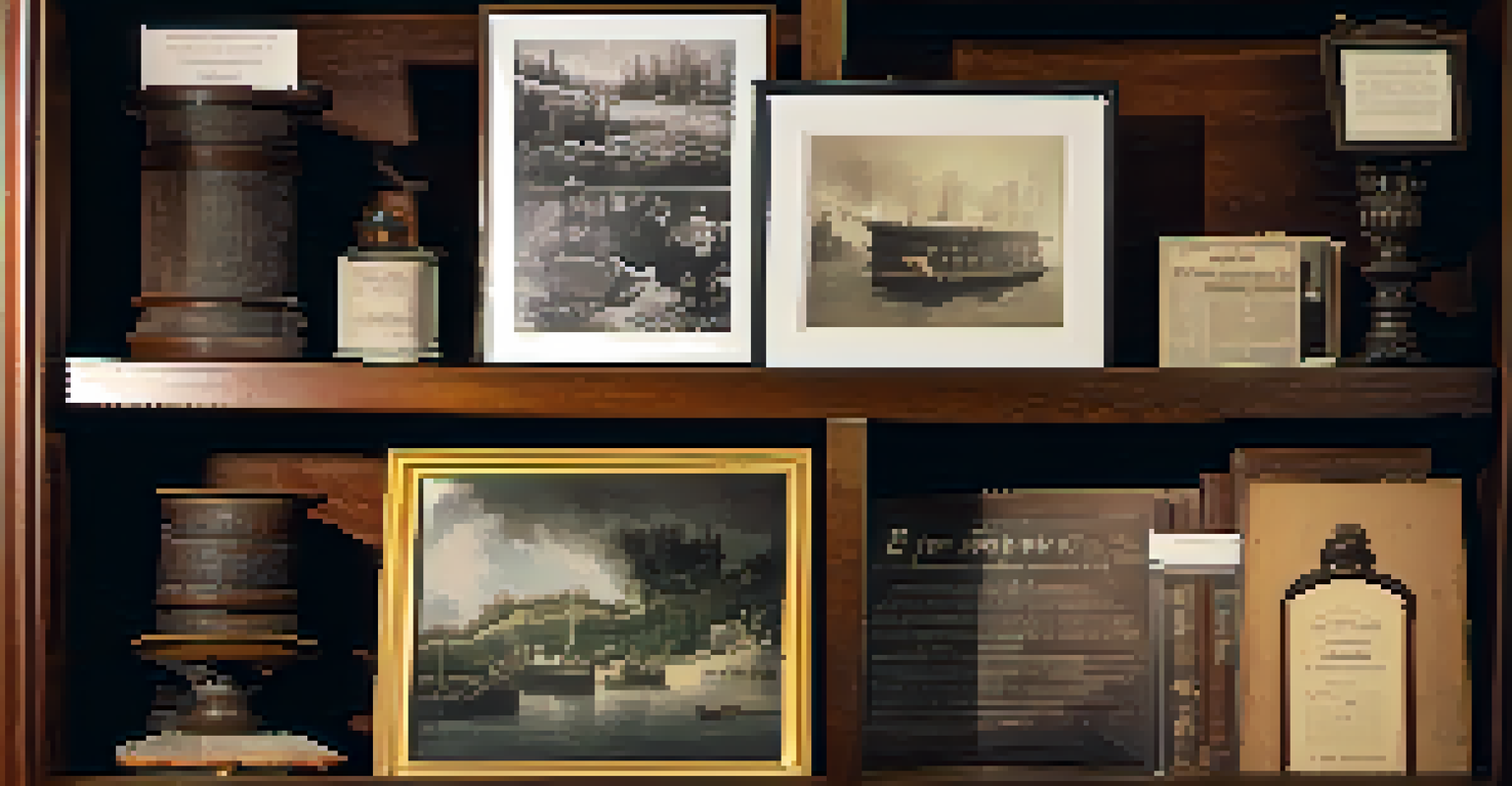 A close-up view of historical artifacts like photographs and letters displayed in a local archive.
