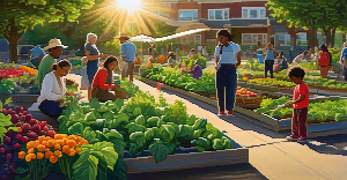 A diverse group of people tending to a colorful community garden under bright sunlight, showcasing various fruits and vegetables.