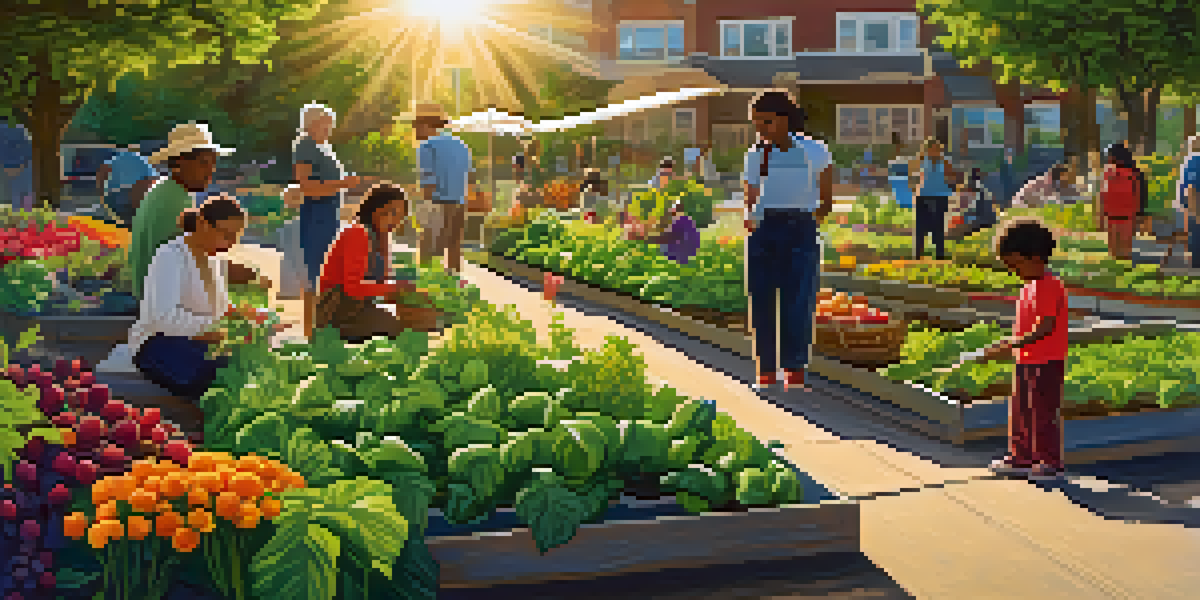 A diverse group of people tending to a colorful community garden under bright sunlight, showcasing various fruits and vegetables.