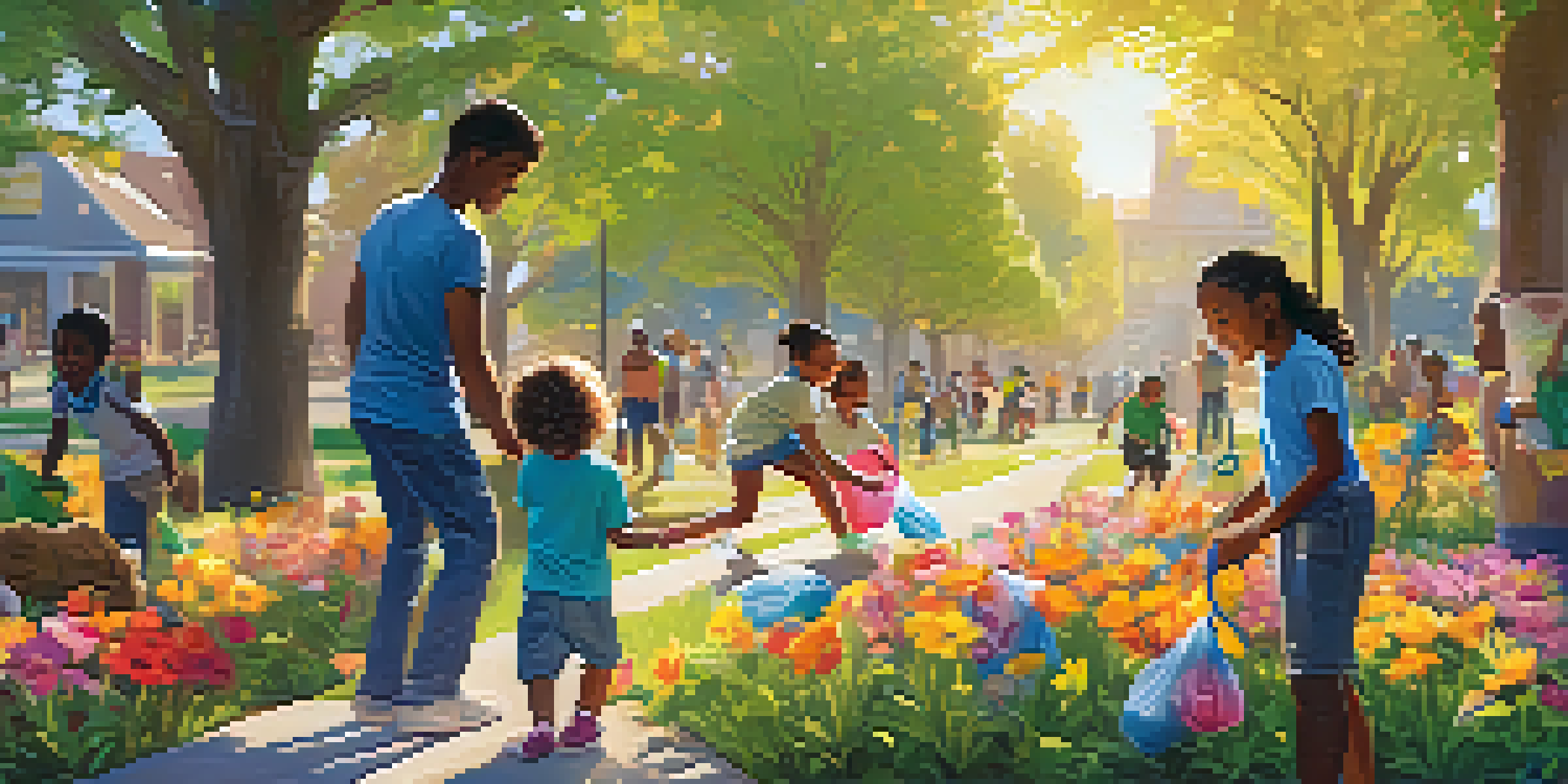 A diverse family volunteering together in a sunny park, cleaning up litter with smiles.