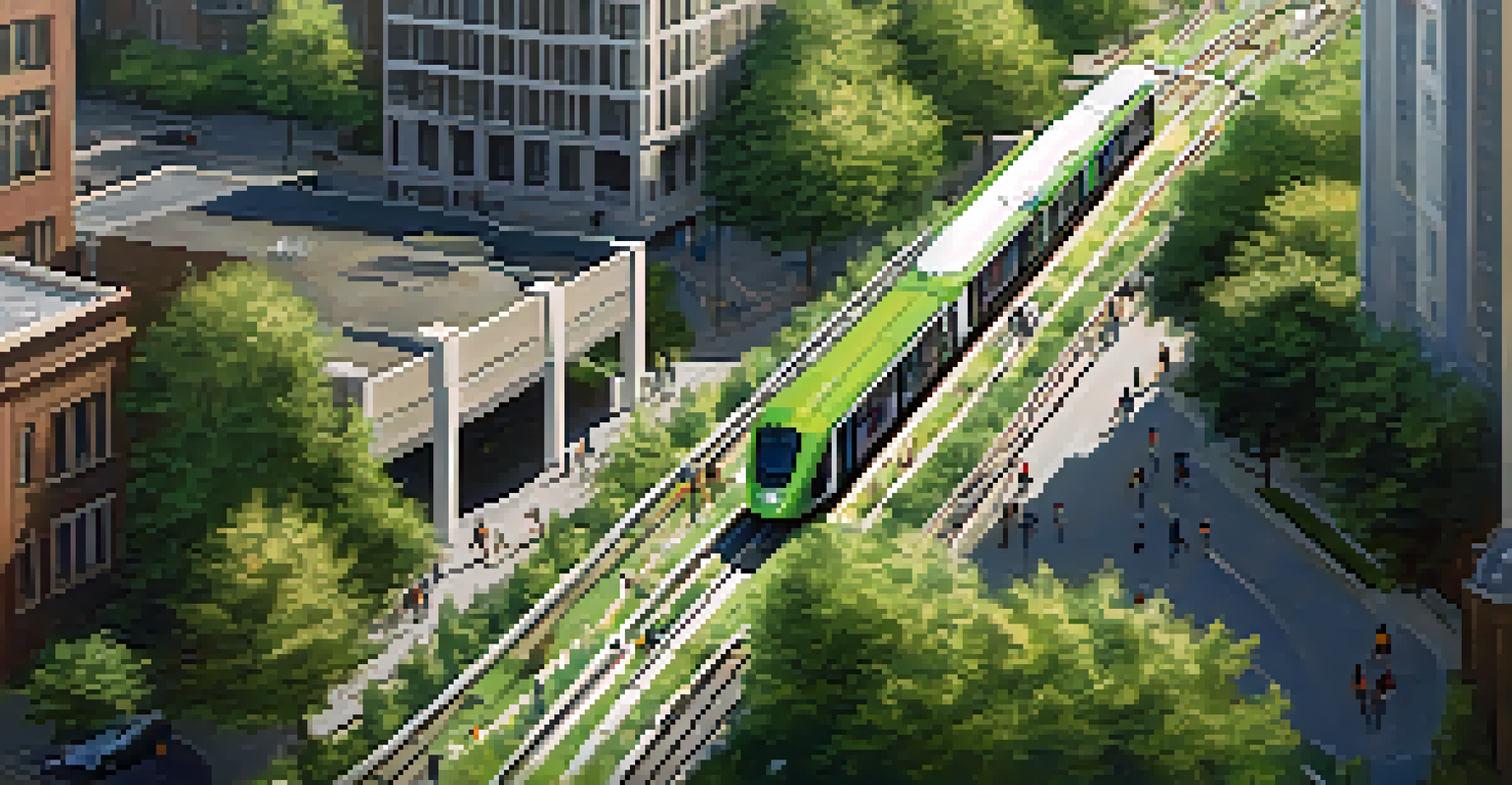 An aerial view of a city with bike lanes and light rail tracks, cyclists riding beside a passing train, surrounded by green parks.