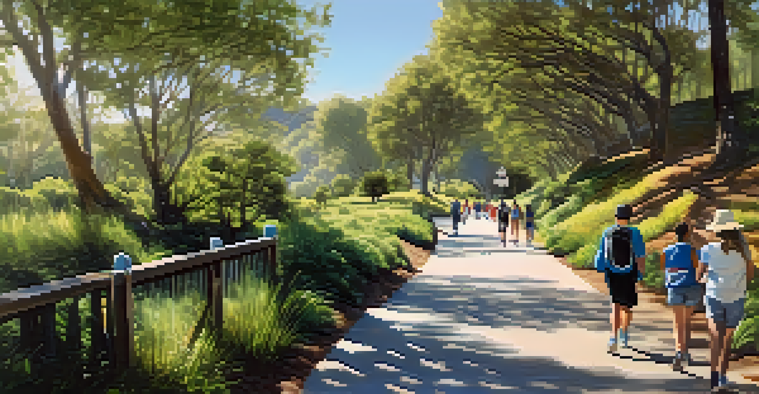 A picturesque scene of Cupertino Creek Trail with people walking and biking, surrounded by greenery and educational signs.