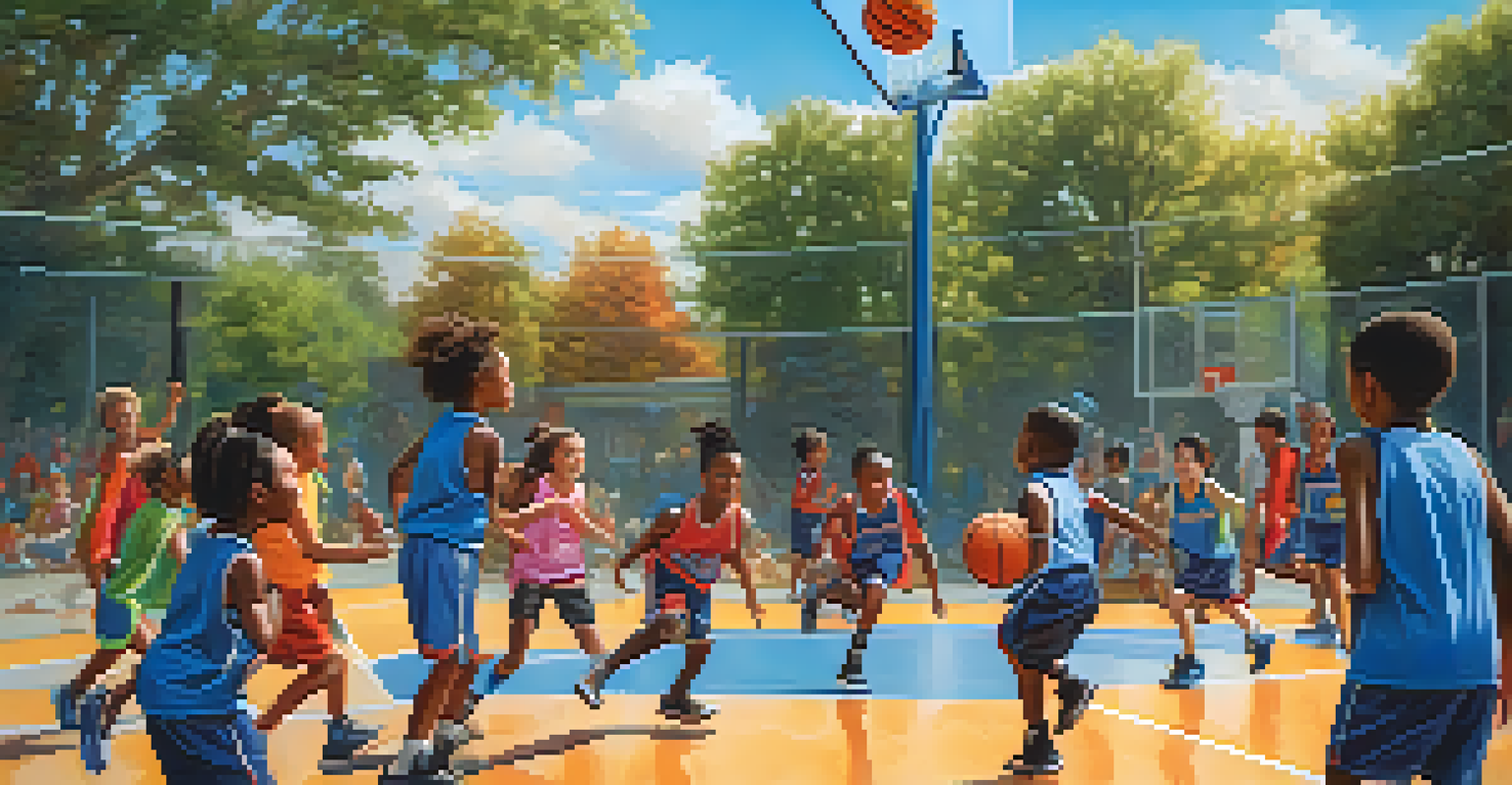 A diverse group of children playing basketball outdoors, showing joy and teamwork with colorful jerseys and a blue sky.