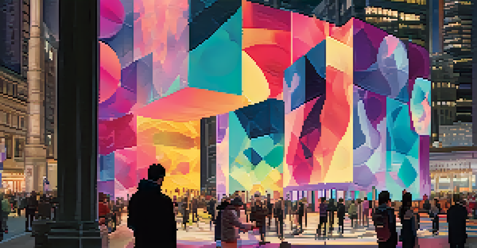 People engaging with digital projections in a city square, blending technology and art in an interactive environment.