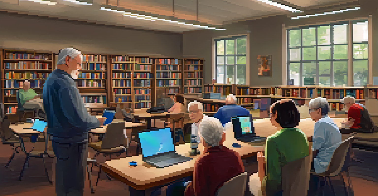A cozy library scene where young volunteers assist older adults with technology, surrounded by books and warm lighting, showcasing intergenerational learning.