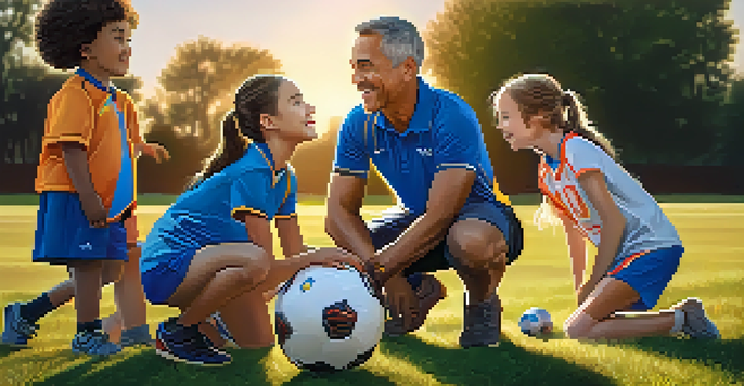 A youth sports coach kneeling on a grassy field, encouraging a diverse group of young athletes during a team huddle at sunset.