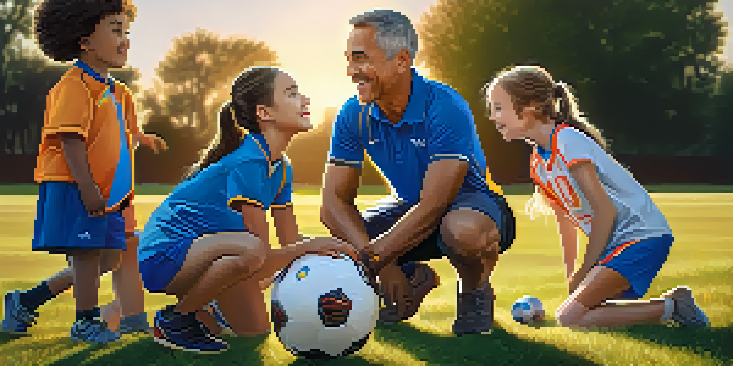 A youth sports coach kneeling on a grassy field, encouraging a diverse group of young athletes during a team huddle at sunset.