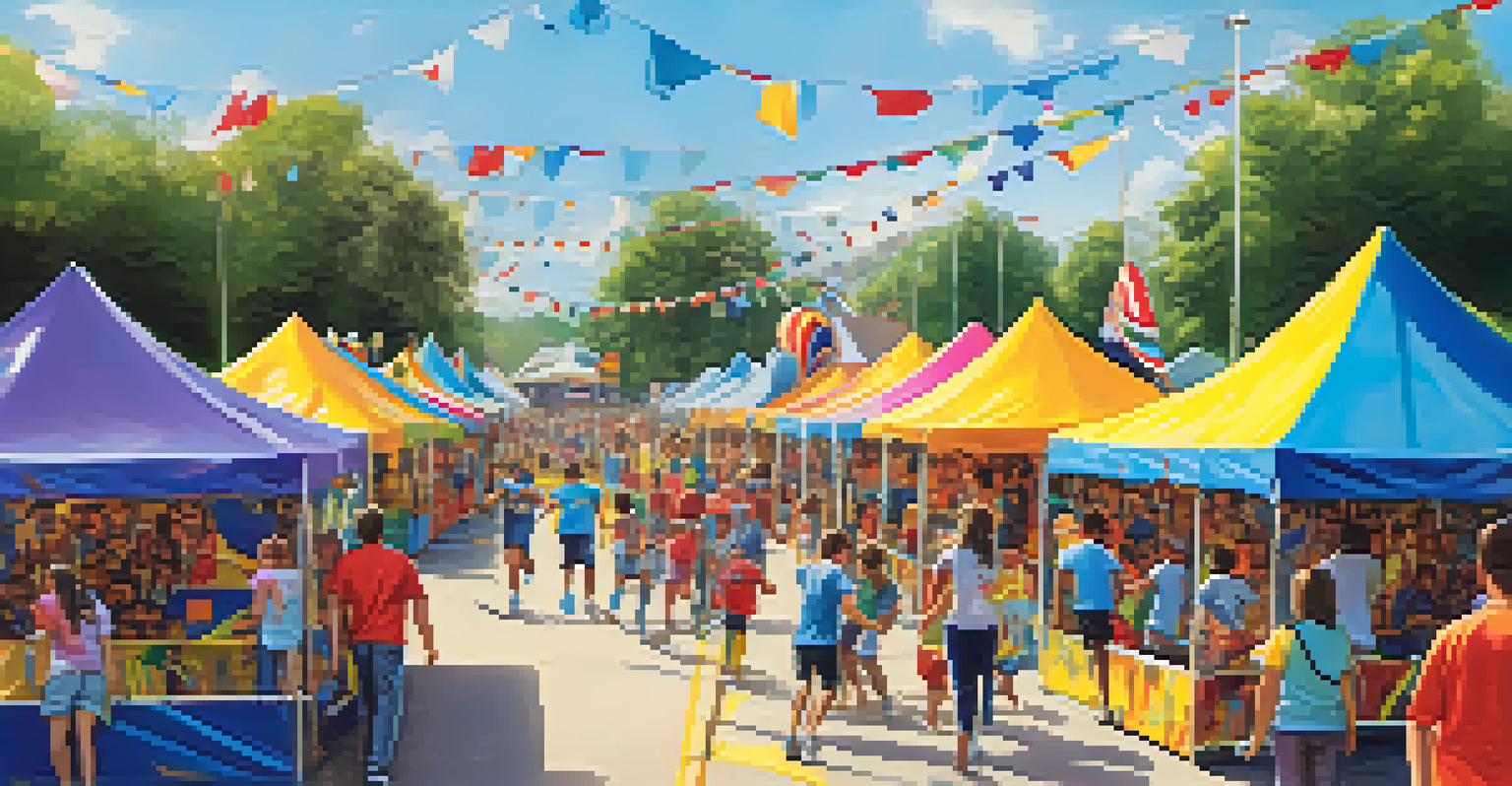 Youth volunteers running booths at a colorful community fair, engaging with children and creating a festive atmosphere.